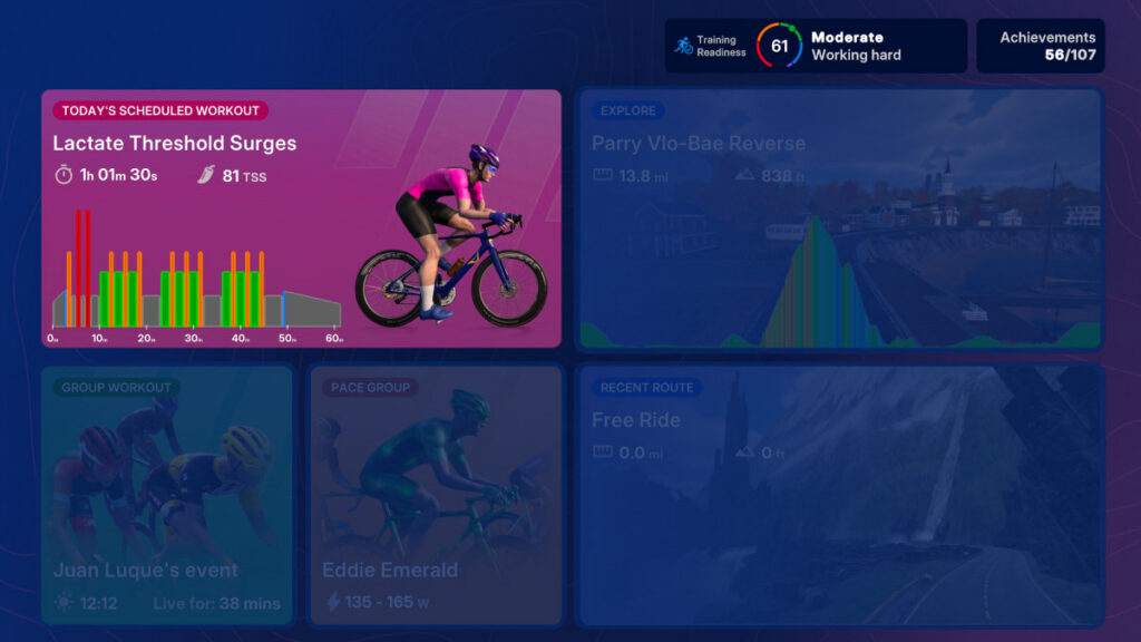Screenshot of Today's Scheduled Workout in TrainingPeaks Virtual, showing a preview of the workout below the athlete's training readiness.