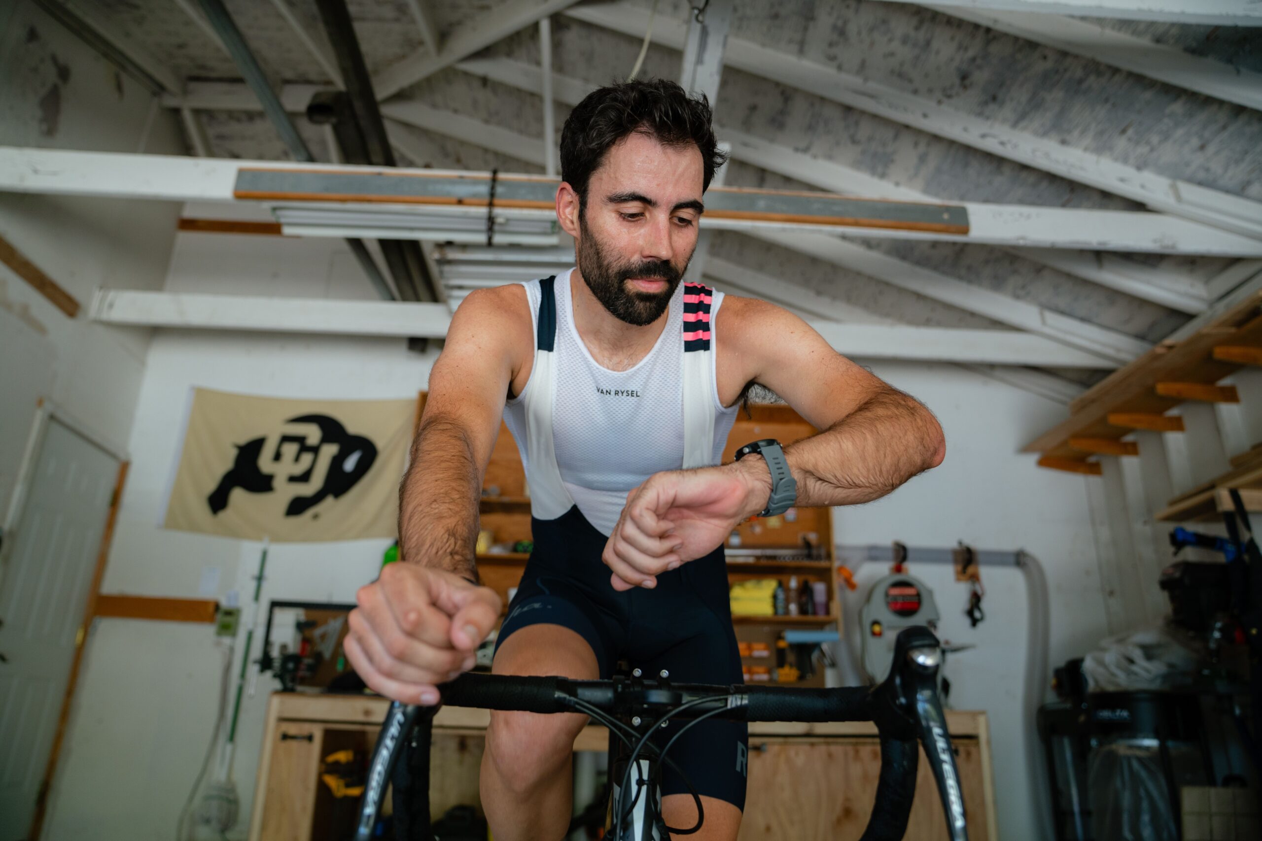 3 Indoor Workouts Under One Hour Male Cyclist On Indoor Training Doing 60 Minute Cycling Workout Indoors