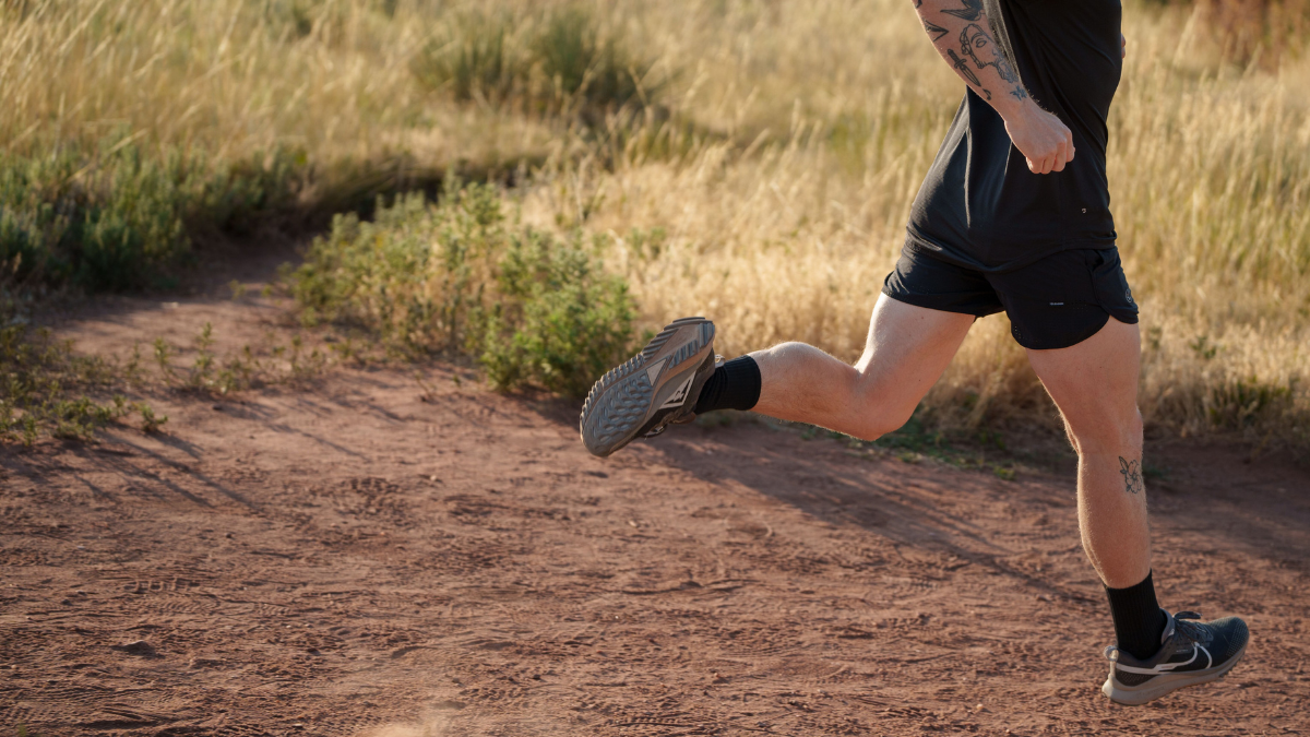 Muscles Used In Running Chest Down View Of Man Running On Colorado Trail, With Multiple Muscle Groups Activated For Forward Propulsion.