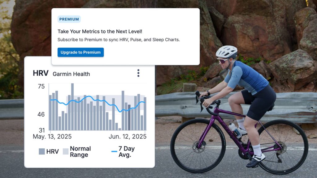 image of a female cyclist riding at dusk in the Rocky Mountains with a graphic overlay depicting her HRV data in TrainingPeaks