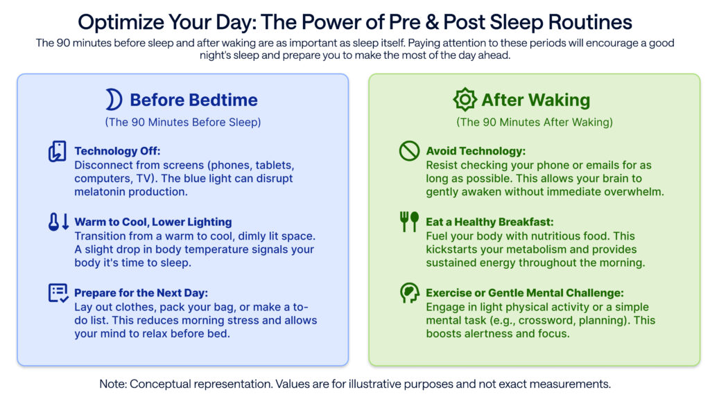 This image is a two-column infographic titled "Optimize Your Day: The Power of Pre & Post Sleep Routines." Below the title is an introductory paragraph: "The 90 minutes before sleep and after waking are as important as sleep itself. Paying attention to these periods will encourage a good night's sleep and prepare you to make the most of the day ahead."The infographic is then divided into two main sections, "Before Bedtime (The 90 Minutes Before Sleep)" to the left and "After Waking (The 90 Minutes After Waking)" to the right. The bullet points below "Before Bedtime (The 90 Minutes Before Sleep)" read:- "Technology Off: Disconnect from screens (phones, tablets, computers, TV). The blue light can disrupt melatonin production."- "Warm to Cool, Lower Lighting: Transition from a warm to cool, dimly lit space. A slight drop in body temperature signals your body it's time to sleep."- "Prepare for the Next Day: Lay out clothes, pack your bag, or make a to-do list. This reduces morning stress and allows your mind to relax before bed."The bullet points below "After Waking (The 90 Minutes After Waking)" read:- "Avoid Technology: Resist checking your phone or emails for as long as possible. This allows your brain to gently awaken without immediate overwhelm."- "Eat a Healthy Breakfast: Fuel your body with nutritious food. This kickstarts your metabolism and provides sustained energy throughout the morning."- "Exercise or Gentle Mental Challenge: Engage in light physical activity or a simple mental task (e.g., crossword, planning). This boosts alertness and focus."Below the graph, there’s a note that reads: "Note: Conceptual representation. Values are for illustrative purposes and not exact measurements."