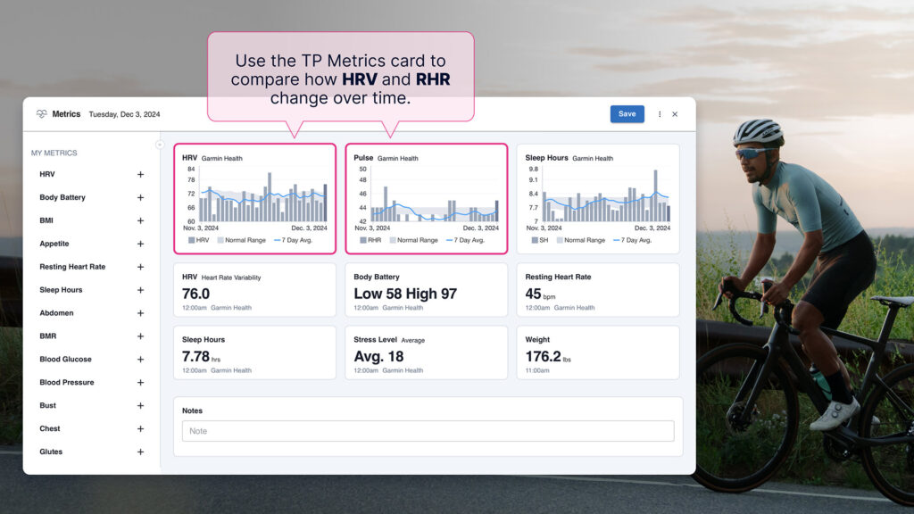 image of a male cyclist on his bike in a meadow at sunset with an overlaid graphical depiction of his HRV and RHR in TrainingPeaks metrics cards