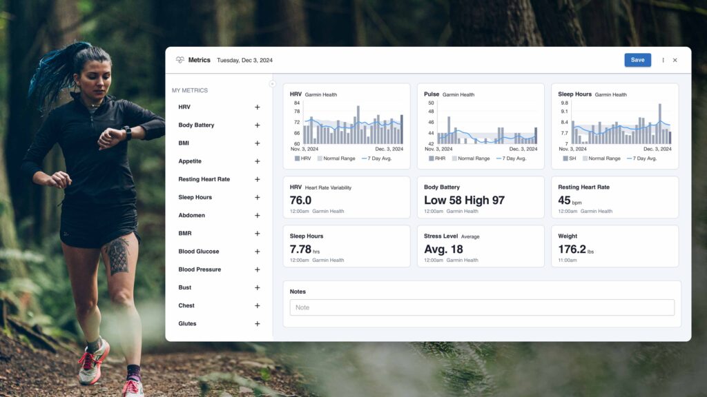 photo of a female trail runner on a forest trail with blue hair checking her training watch with a graphic overlay depicting her HRV, RHR, and sleep trends overtime in TrainingPeaks
