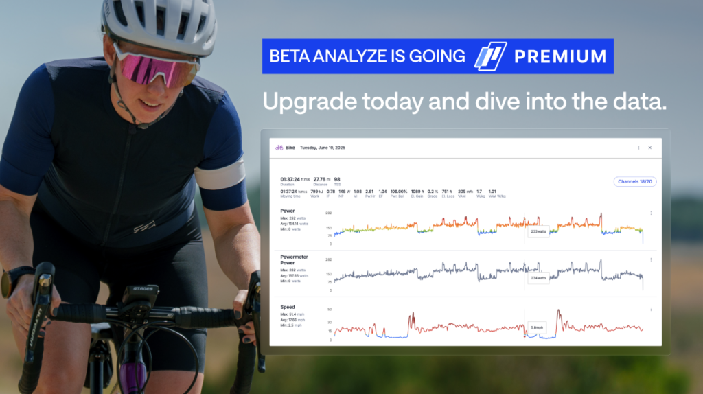 image of a female cyclist riding outdoors in sunny conditions with a graphic depiction of TrainingPeaks Beta Analyze