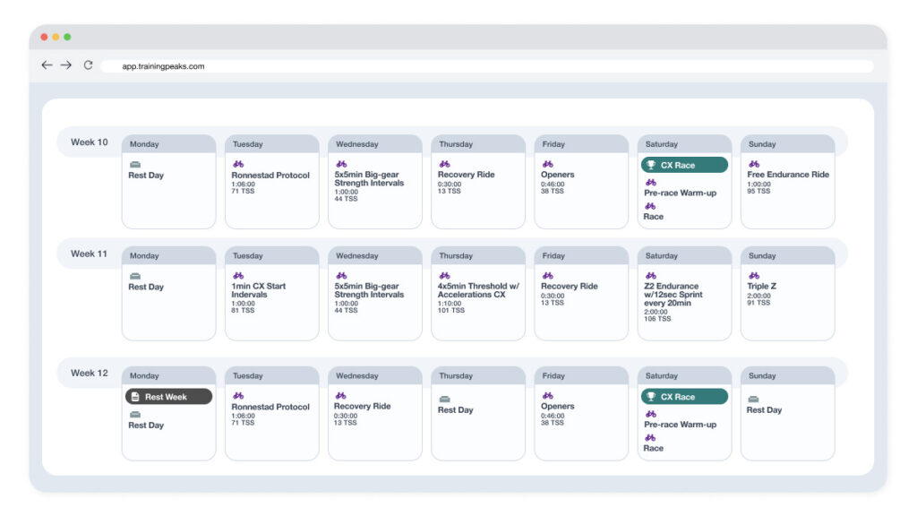 infographic showing a cyclist's workout calendar in TrainingPeaks and their cyclocross racing goals