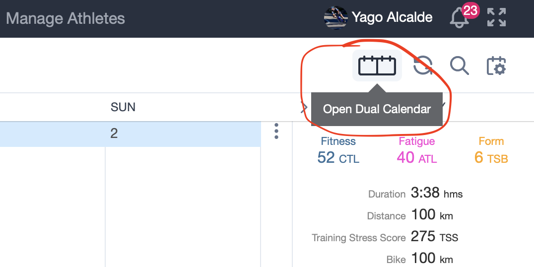 Dual Calendar Button in TrainingPeaks coach account