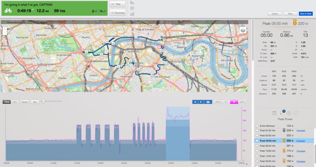 screenshot of a cycling workout with a peak 5-minute power portion of a fitness test