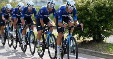 Cyclists riding in a line