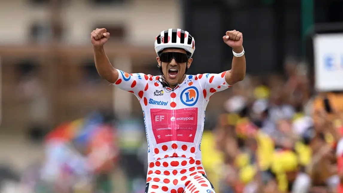 Trainingpeaks And Ef Education First Pro Cycling Male Cyclist Crossing The Finish Line In Red Polka Dot Jersey With Fists In The Air From Ef Education First Pro Cycling Team