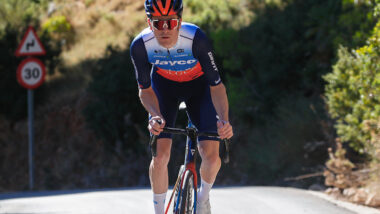 Team Jayco Alula cyclist climbing up mountain road