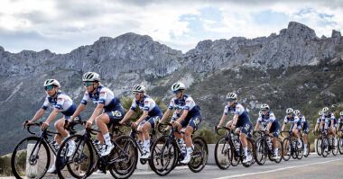 Group of female cyclists training in the mountains.