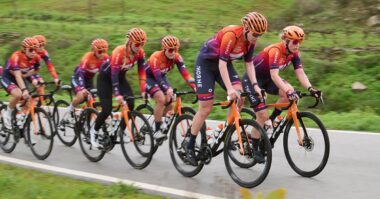 Team of Female cyclists training in large group