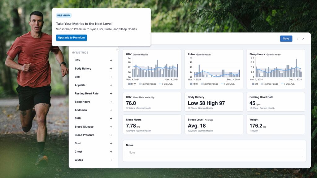 image of a male trail runner on a forested trail with a graphic depiction of his HRV, resting heart rate, and sleep hours from Garmin in TrainingPeaks