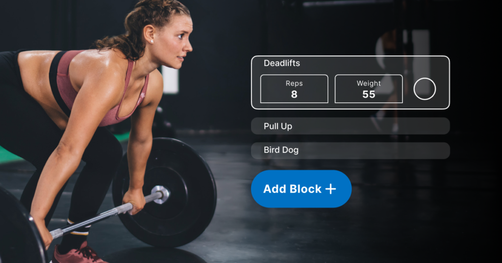 Female athlete is doing a deadlift in a dark gym. On the image is a graphic representation of the TrainingPeaks strength feature.
