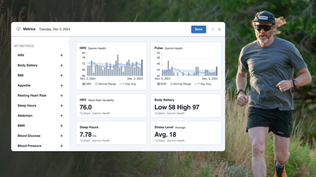 image of a male runner on a trail run with a depiction of his HRV and resting heart rate reported in TrainingPeaks
