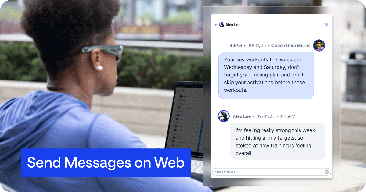 Gif of Female Coach chatting with Athlete on TrainingPeaks Messaging Beta with laptop on screen and athlete messaging on mobile=