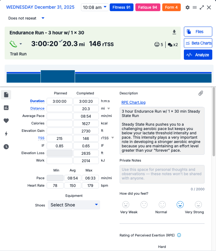 Screenshot of a 3hr endurance run with a 30min steady state block in the middle.