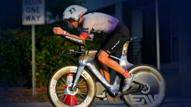 Male triathlete, Trevor Foley, racing bike portion of triathlon