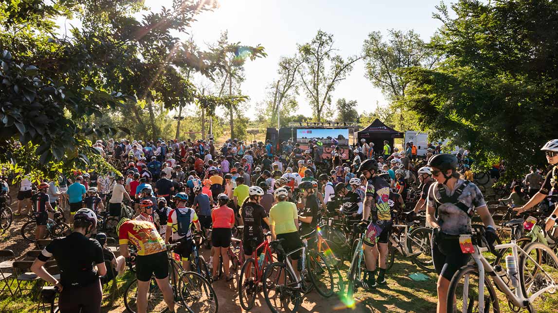 Foco Fondo And Trainingpeaks Large Group Of Cyclists Hanging Out At Foco Fondo Gravel Ride 2025