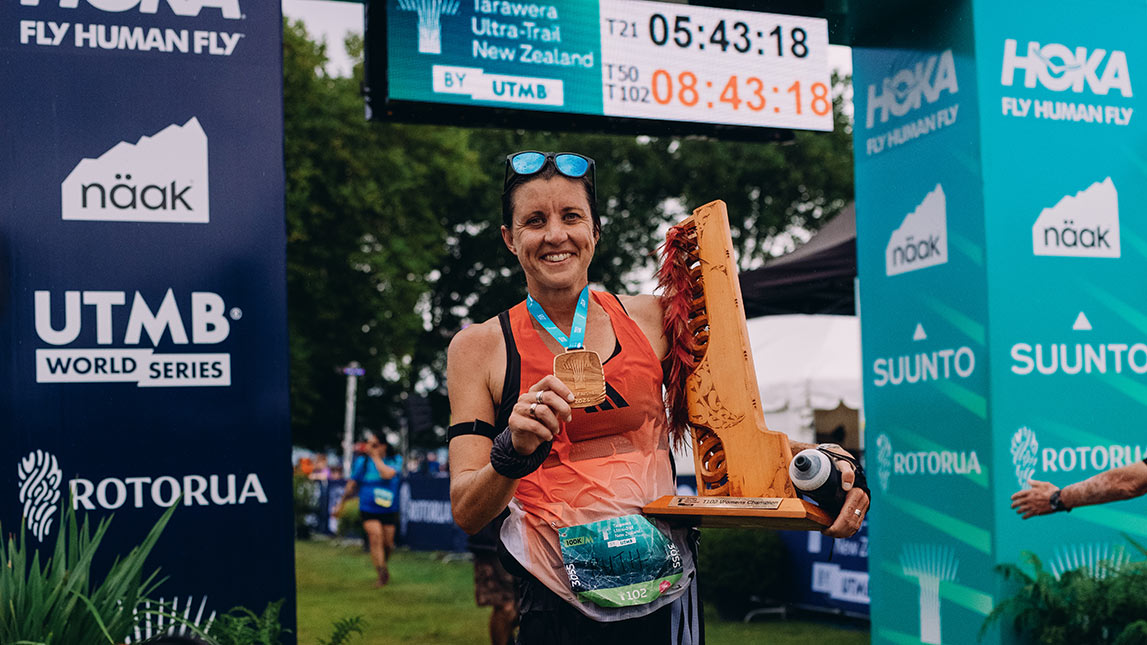 Ruth Croft And Trainingpeaks Photo By Phillip Sage Female Trail Runner, Ruth Croft, Posing At Finish Line Of Tarawera Ultra Trail New Zealand By Utmb Photo By Phillip Sage