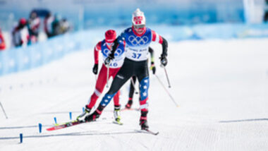 Female nordic skier Sophia Laukli racing in the Olympics