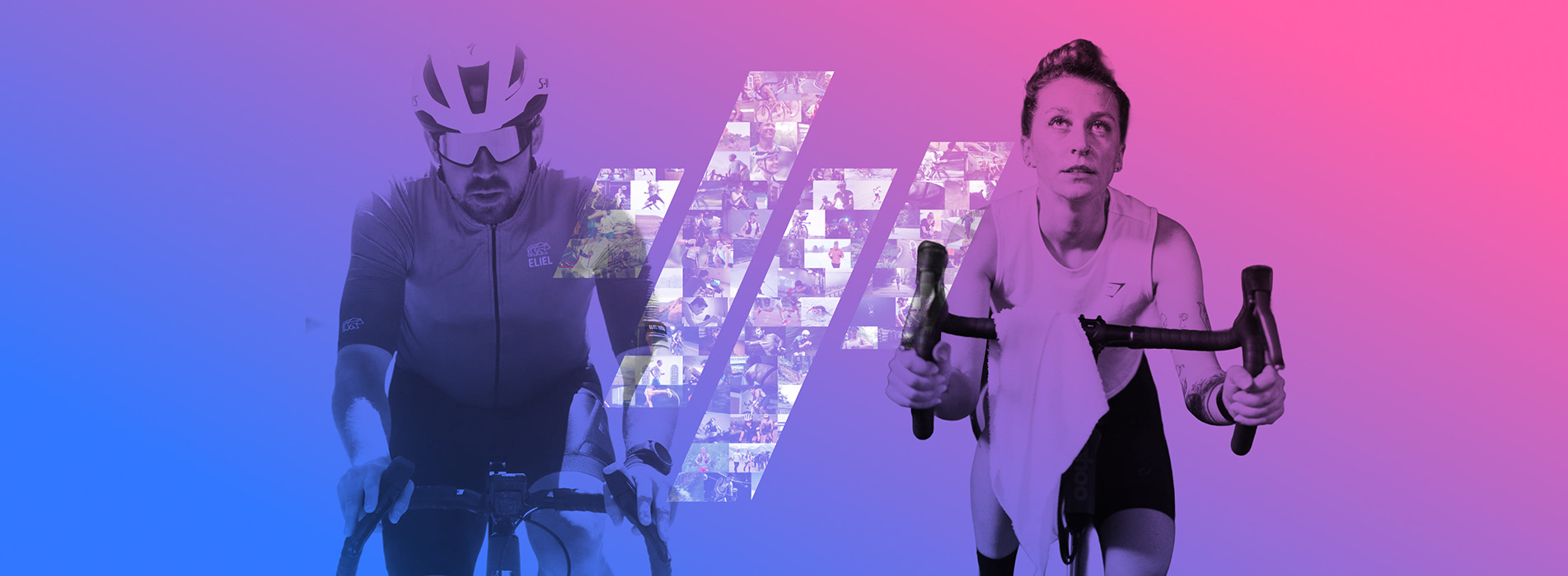 Trainingpeaks Logo With Photo Collage Behind A Male Cyclist On The Left And Female Cyclist On The Right
