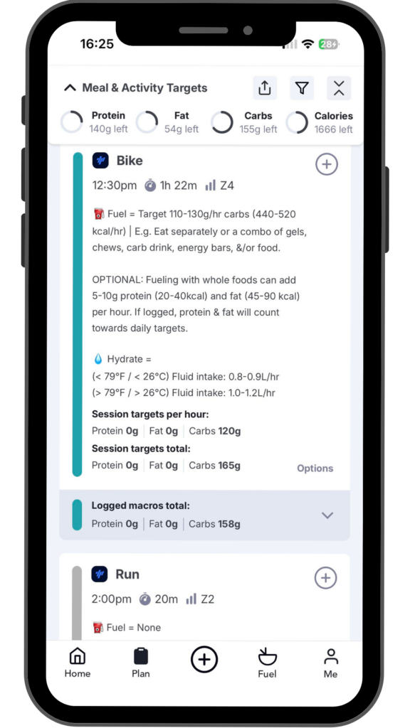 Fuelin app screenshot showing an athlete's personalized fuel and hydration intake recommendations for an hour and 22 minute bike ride, with a carbohydrate intake recommendation of 120g/hr and fluid intake recommendation of 0.8-0.9L/hr based on expected temperature of the ride.