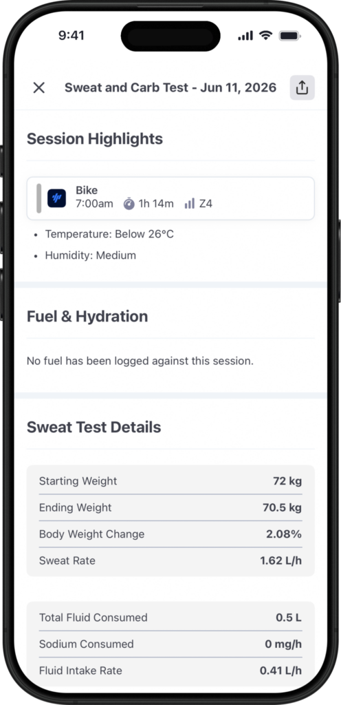 A summary of the Fuelin Sweat & Carb Test for a 1hr 14min ride at Zone 4 intensity, the athlete consumed 0.41L/hr during the ride. The athlete had a sweat rate of 1.62L/hr and lost over 2% body weight as a result. The athlete underconsumed fluids on this ride. The athlete has a recommended fluid intake of 0.7-0.9L/hr for rides at the temperature and at this intensity (see How Temperature Impacts Your Fluid Needs screenshots below).